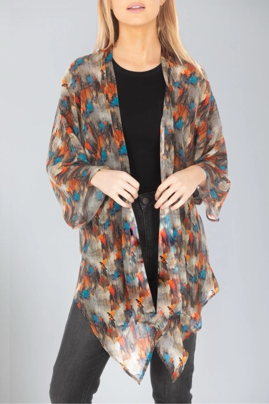 APNY Handerchief Kimono Large Abstract Birds Print Open 3/4 Sleeve Top